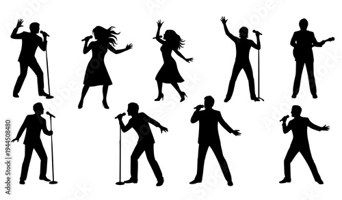 Singer silhouette vector set with microphone performance poses isolated on white background