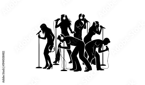 Male and female singer silhouettes performing with microphones modern music vector illustration