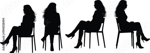 Silhouette collection of elegant woman sitting on chair in various poses with long hair and high heels isolated on white background for design
