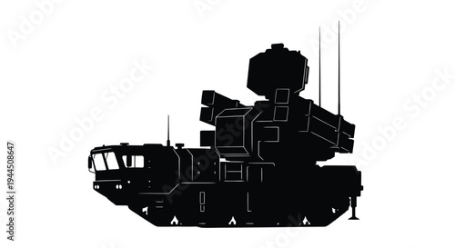 Silhouette of a military vehicle likely a missile launcher against a white background