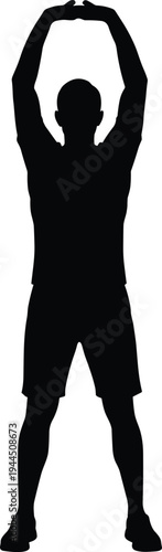 Silhouette of a sporty man standing and stretching his arms overhead doing morning exercises or warm up workout isolated on a white background