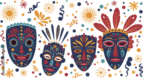 Vibrant colorful tribal masks with decorative patterns and shapes on white background