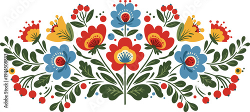 Colorful floral arrangement with blue and red flowers and green leaves on white background