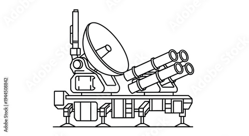 Line drawing of a military vehicle with radar and multiple rocket launchers