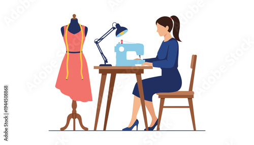 A woman sewing illustration with a mannequin and sewing machine