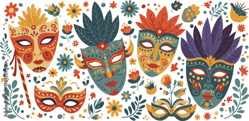 Vibrant colorful mardi gras masks with floral patterns and designs on white background