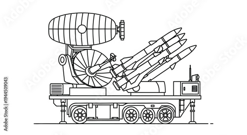 Line drawing of a mobile missile launcher with radar system on a vehicle