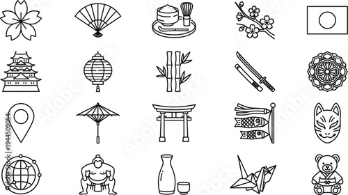 Japanese culture line icon set with sakura fan lantern torii katana origami sumo symbols traditional Japan outline vector collection