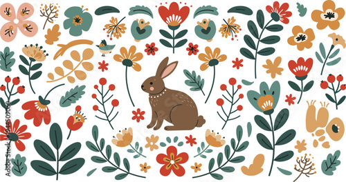 Brown rabbit sitting in a colorful garden with various flowers