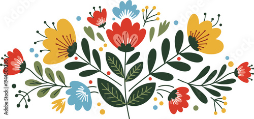 Colorful floral arrangement with red yellow blue and green leaves and flowers on white background