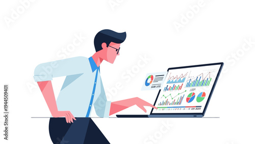 Man analyzing financial charts and graphs on a laptop screen, representing business data and analytics.