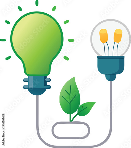 Green light bulb and plant sprout illustration for eco-friendly energy and sustainability concept