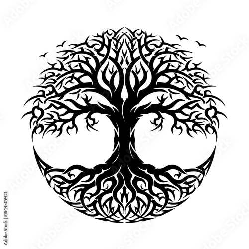Stylized black tree of life with intricate roots and branches, set against a white background, symbolizing growth and connection.
