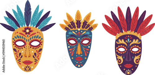 Three colorful tribal masks with feathers and designs on white background