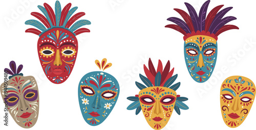 Colorful hand painted tribal masks on white background