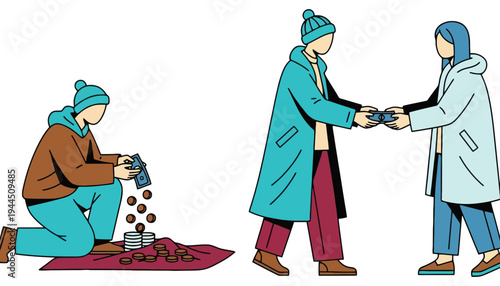 A person giving coins to another person in a charitable donation scene