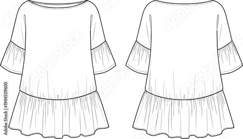 Women ruffle hem dress fashion technical drawing, front and back view loose fit apparel vector template clothing design