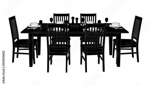 A black dining table set with chairs and dishes in silhouette