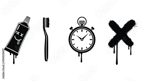 A black and white illustration of toothbrush and toothpaste with stopwatch and cross