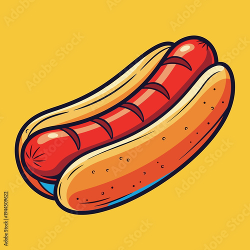Delicious grilled hot dog in a bun, a classic American fast food item, presented on a vibrant yellow background.