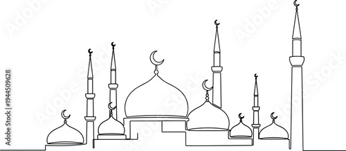 Minimalist line art illustration of a mosque complex, continuous black line drawing of Islamic domes, slender minarets, elegant modern design