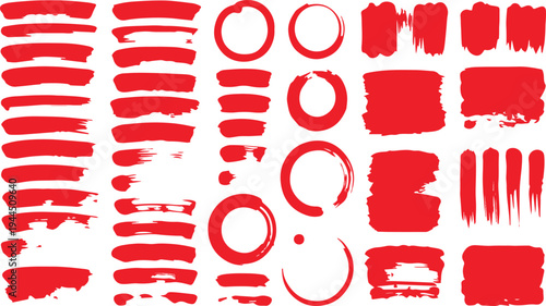 Dynamic Collection of Hand-Painted Red Brush Strokes and Grunge Circles for Artistic Design