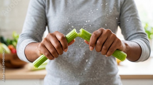 Woman snapping fresh celery stalk in half. Splashing water drops from vegetable. Healthy cooking and organic food preparation in kitchen. Nutritious diet, vegan lifestyle and lifestyle.