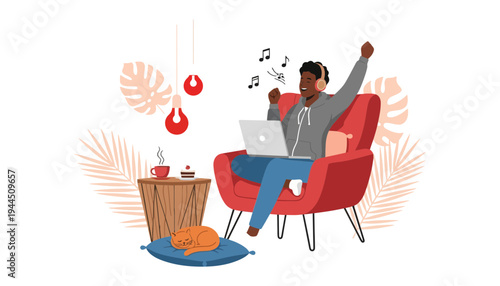 Laptop vector illustration of a happy man with a cat relaxing