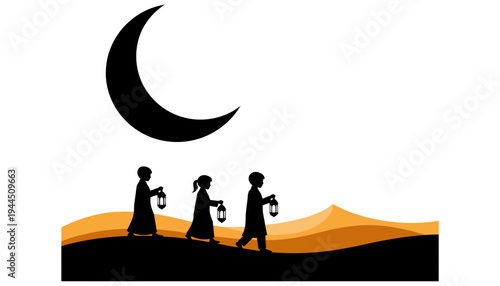 A crescent moon silhouette illustration with children walking in the desert