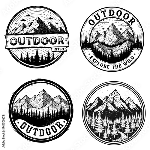Set of vintage outdoor adventure emblems with mountain landscapes and pine forests.
