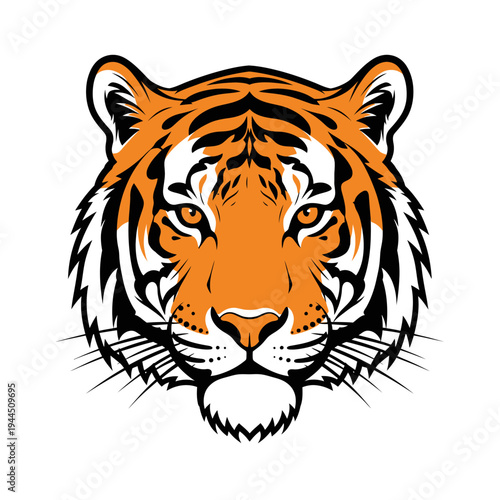 Close-up illustration of a fierce tiger's face with striking orange and black stripes, conveying power and wildness.