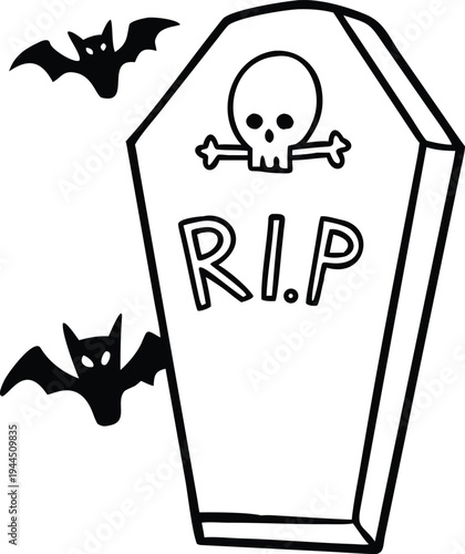 Halloween Tombstone with Skull and Bats RIP Carving Simple Line Art Style