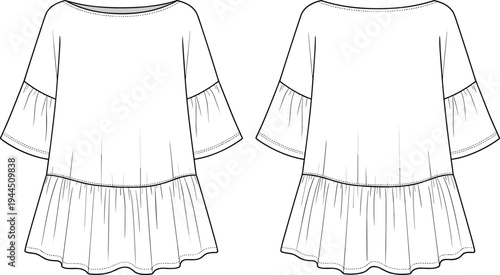 Women ruffle hem loose blouse technical fashion sketch, front and back view apparel flat template vector clothing design illustration