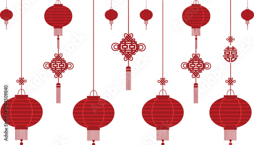 Minimalist Red Chinese Lanterns and Traditional Knots with Double Happiness Symbol Vertical Seamless Border Illustration for Lunar New Year Celebration,