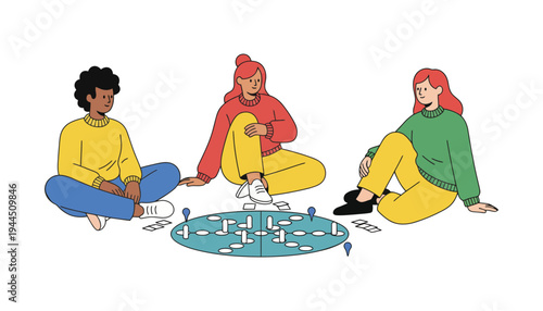 Diverse women playing board game together in colorful illustration style
