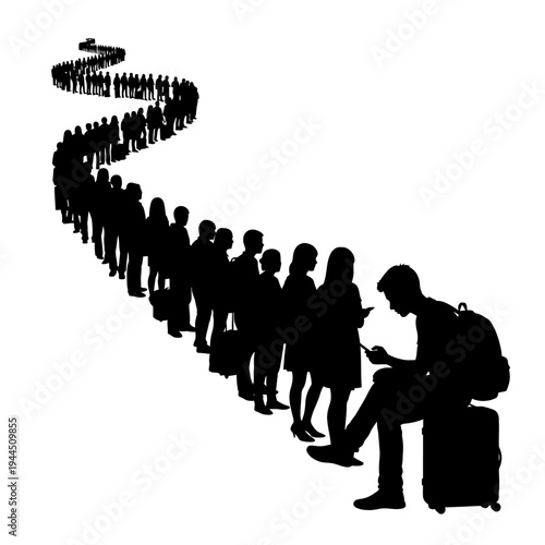 Silhouettes of people forming a long winding queue, some looking at their phones, others waiting patiently.