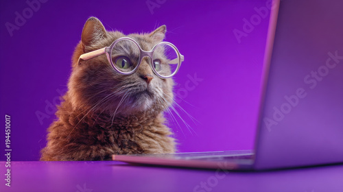 Curious cat funny pet smart glasses laptop computer purple background home office internet concept focused animal modern technology digital lifestyle curious cat wearing smart glasses sits near