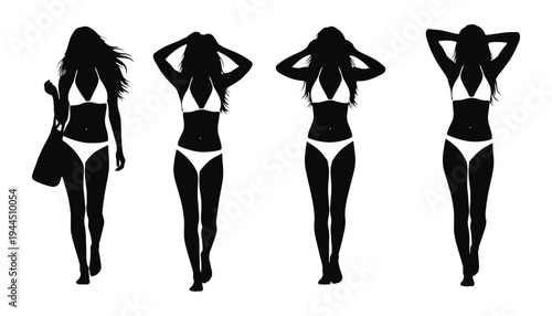 Woman bikini silhouette vector illustration set in various poses and styles