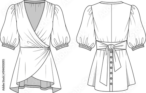 Women wrap dress puff sleeve technical fashion sketch, front and back view belted summer apparel flat vector template