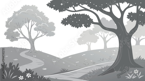 Black and white landscape illustration of a peaceful park with trees and winding path