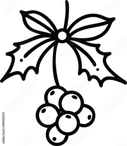Holly Berry Branch with Bow Icon Christmas Decoration Festive Holiday Element Line Art Vector