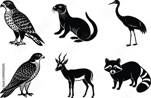Black silhouettes of various wild animals and birds
