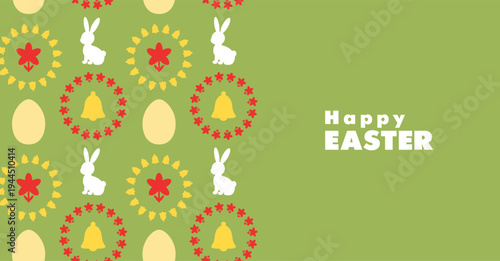 Easter holiday concept with elements, such as rabbit silhouette, egg, bell, floral elements in vibrant red, yellow, and green color on green background. Easter card or banner