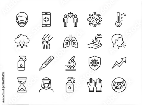 Medical and healthcare line icon set with virus mask thermometer vaccine lungs protection symbols minimal outline vector illustration collection
