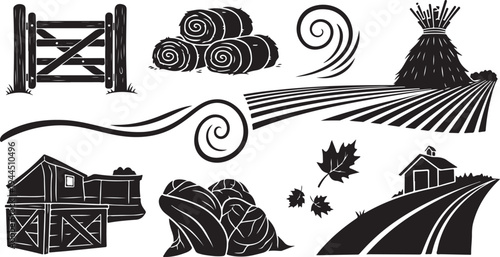 Rural landscape with farm elements and autumn leaves illustration