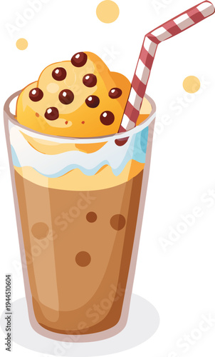Iced Coffee Drink with Whipped Cream and Chocolate Chips Festive Straw Isolated