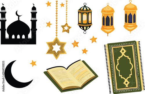 Islamic Symbols Ramadan Kareem Mosque Crescent Moon Lanterns Prayer Rug Book Stars