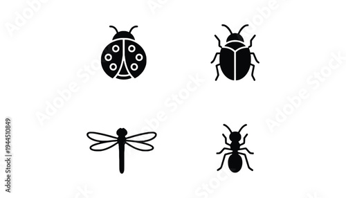Insect icons including ladybug, beetle, dragonfly and ant silhouettes