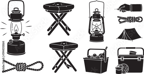 Camping equipment and accessories in black and white icons