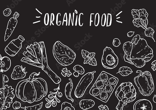 Organic food sketch doodles . Whimsical food doodles, Hand drawn vector illustration for menu, packaging design. Food quirky icons, simple sketch style. Top view. Chalkboard style